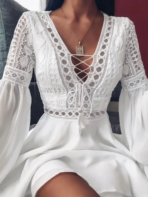 Elegant Solid Color Ruffle Patchwork Chiffon A Line Long Sleeve Mini Dress