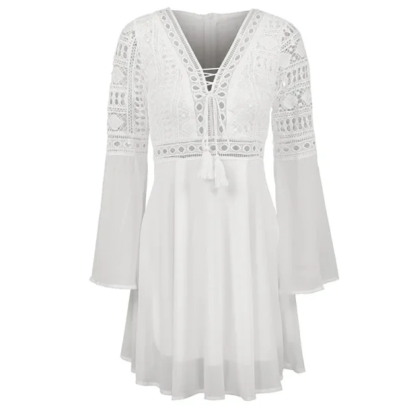 Elegant Solid Color Ruffle Patchwork Chiffon A Line Long Sleeve Mini Dress - Image 3