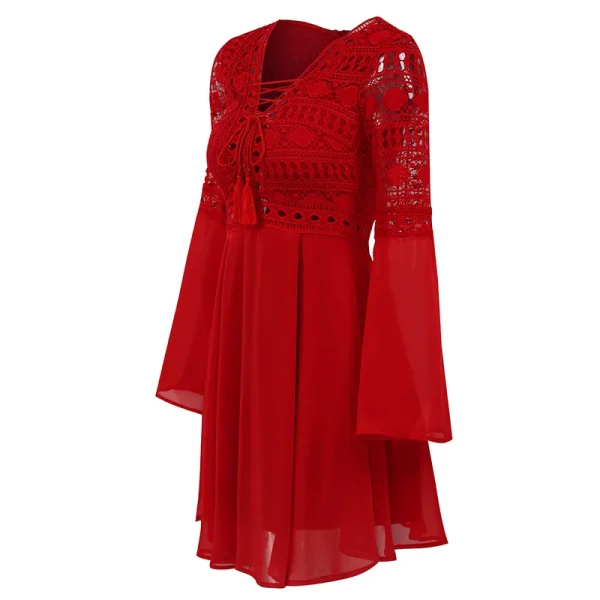 Elegant Solid Color Ruffle Patchwork Chiffon A Line Long Sleeve Mini Dress - Image 4