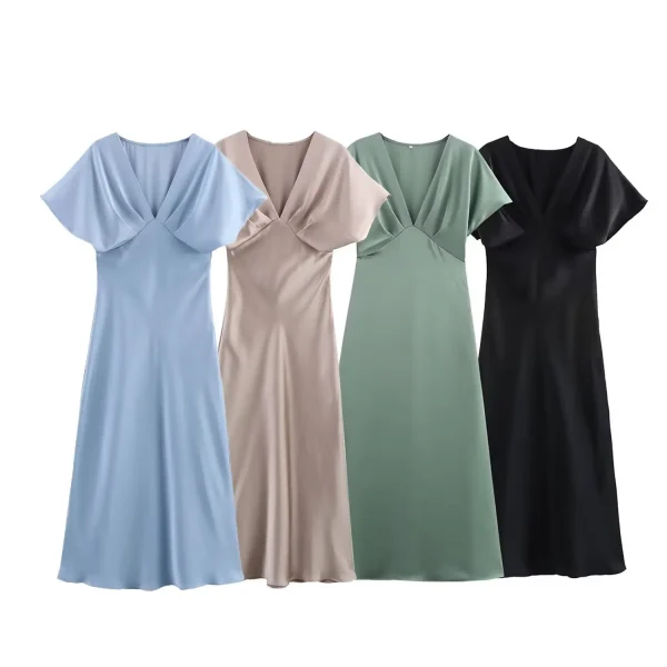 Elegant Solid Satin Zipper Synthetic fiber V Neck Short Sleeve Midi Dress - Image 12