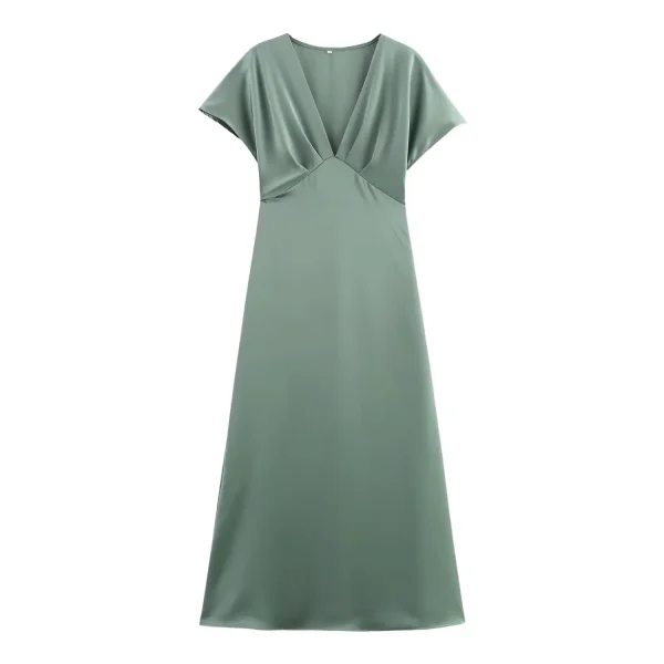 Elegant Solid Satin Zipper Synthetic fiber V Neck Short Sleeve Midi Dress - Image 11