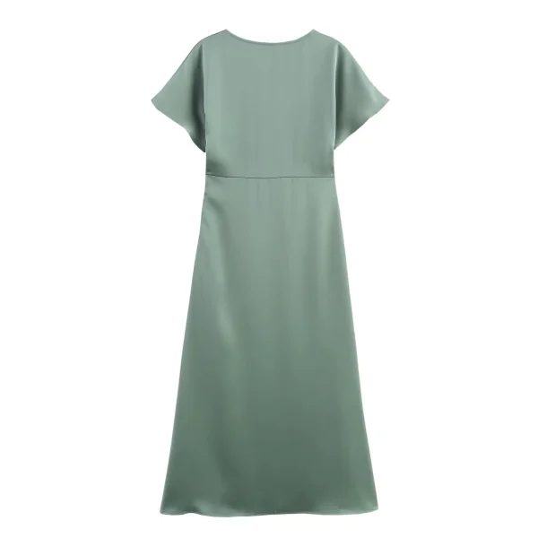 Elegant Solid Satin Zipper Synthetic fiber V Neck Short Sleeve Midi Dress - Image 10