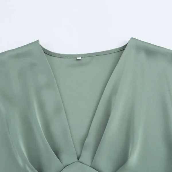 Elegant Solid Satin Zipper Synthetic fiber V Neck Short Sleeve Midi Dress - Image 8