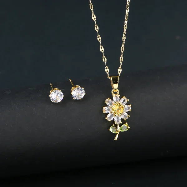Elegant Sparkling Crystals Botanical Sunflower Necklace Earrings Jewelry Set - Image 2