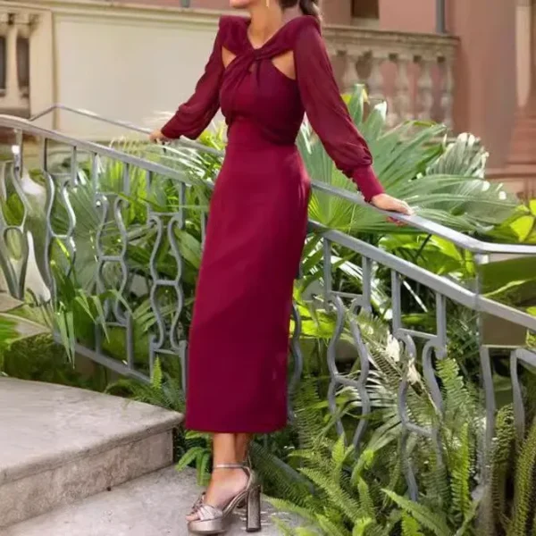 Elegant Spliced Hollow Backless Solid Color Loose Long Sleeve Long Skirt - Image 2