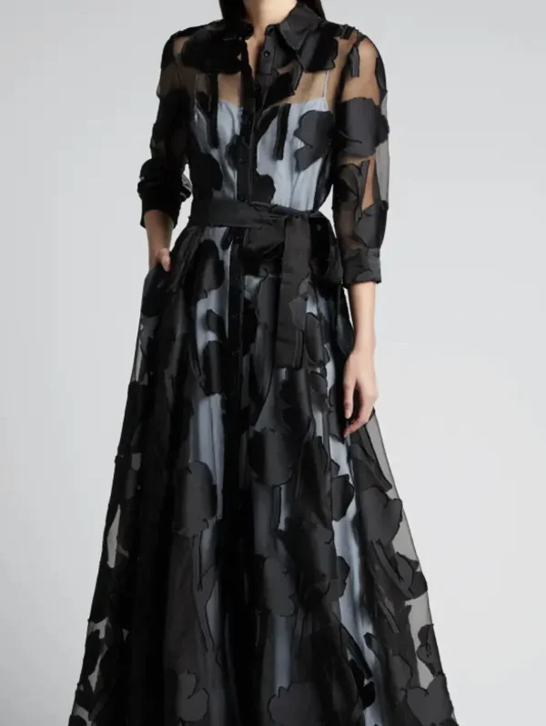 Elegant Three-Quarter Sleeve Knotted Waist Jacquard Mesh Maxi Dress - Image 4