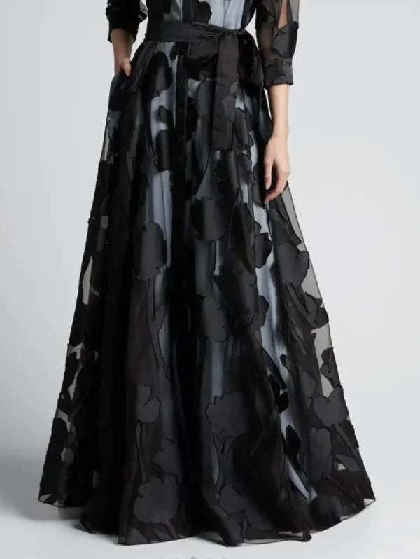 Elegant Three-Quarter Sleeve Knotted Waist Jacquard Mesh Maxi Dress - Image 3