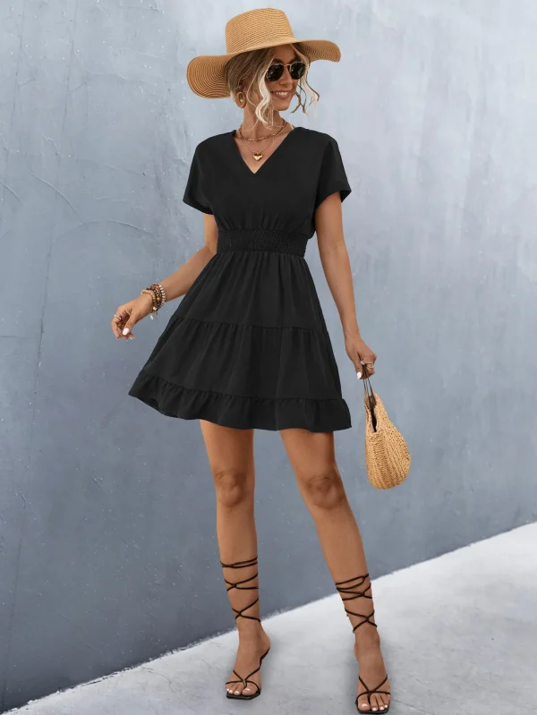 Elegant V Neck Short Sleeve Ruffle Patchwork A-Line Solid Color Dress - Image 16