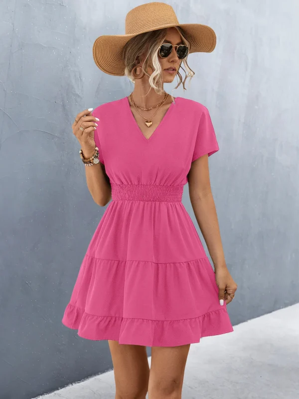 Elegant V Neck Short Sleeve Ruffle Patchwork A-Line Solid Color Dress - Image 7