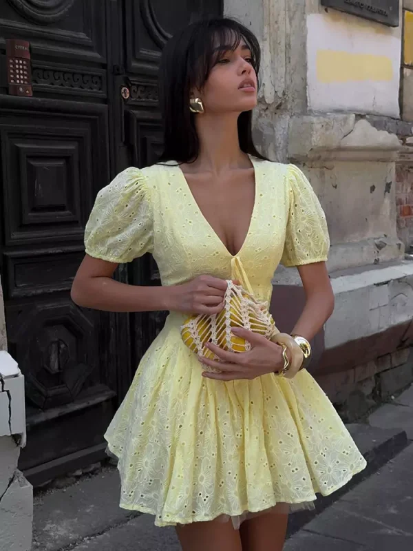 Elegant V-Neck Zipper And Daily Casual Puff Sleeves  Eyelet Mini Dress