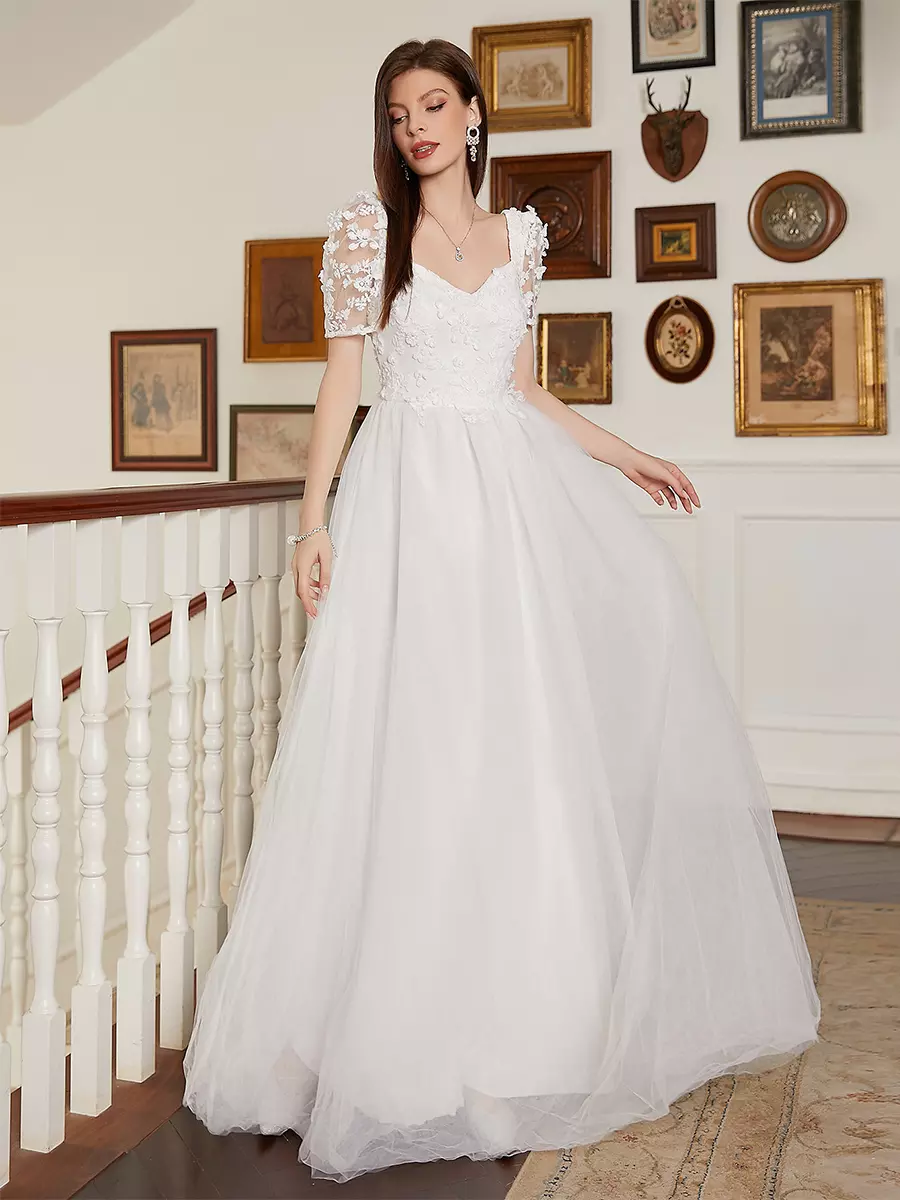 Flower Decoration And Open Back For Bride Maxi A-Line Dress