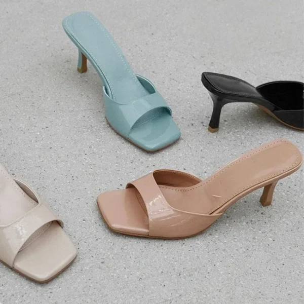 Formal Patent Leather Large Size Square Toe Thin Heels Slippers - Image 4