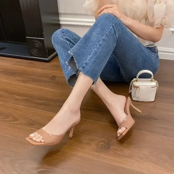 Formal Patent Leather Large Size Square Toe Thin Heels Slippers