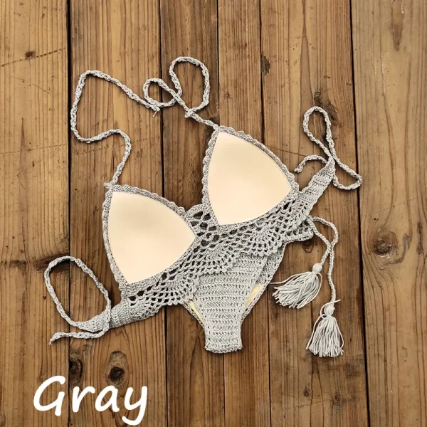 Hand Crochet Swimwear Crop Top Push up Bikini Set Beach Swimsuit Suit Tassel Swim shorts - Image 14