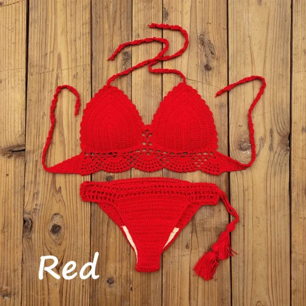 Hand Crochet Swimwear Crop Top Push up Bikini Set Beach Swimsuit Suit Tassel Swim shorts - Image 5