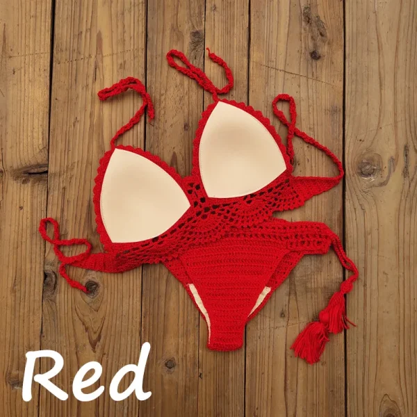 Hand Crochet Swimwear Crop Top Push up Bikini Set Beach Swimsuit Suit Tassel Swim shorts - Image 6