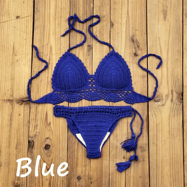 Hand Crochet Swimwear Crop Top Push up Bikini Set Beach Swimsuit Suit Tassel Swim shorts - Image 8