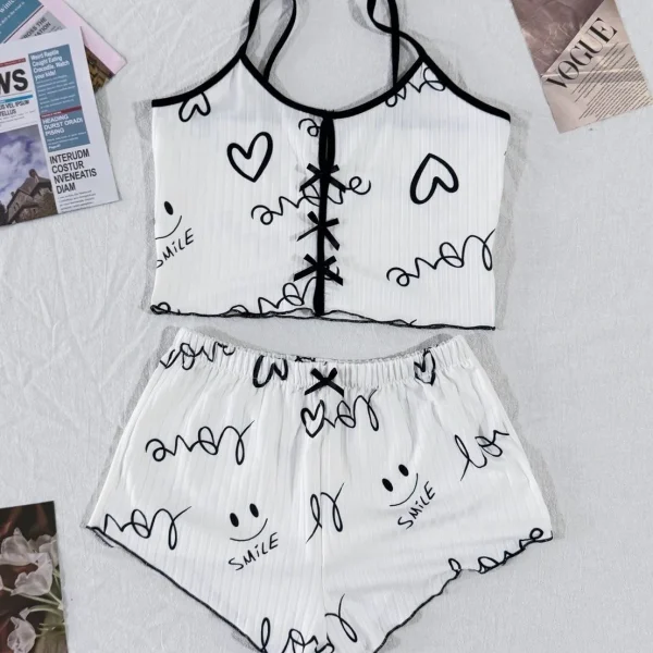 Lingerie Lace Patchwork Bowknot Sleeveless V-Neck Sleepwear Set - Image 2