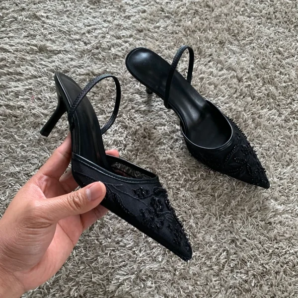 Luxury Brand Mesh Embroider Pointed Toe Sling-back Party High Heels Sadnal - Image 3