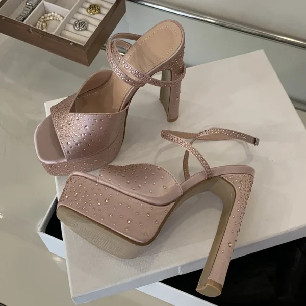 Luxury Design Crystal Square Toe High Heels Ankle Buckle Strap Sandals - Image 4