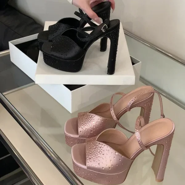 Luxury Design Crystal Square Toe High Heels Ankle Buckle Strap Sandals - Image 6