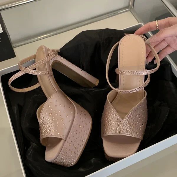 Luxury Design Crystal Square Toe High Heels Ankle Buckle Strap Sandals - Image 3