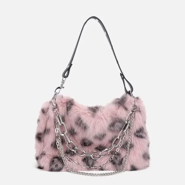 Luxury Design Faux Fur Leopard Print Fluffy Top Handle Chain Shoulder Clutch Bag - Image 7