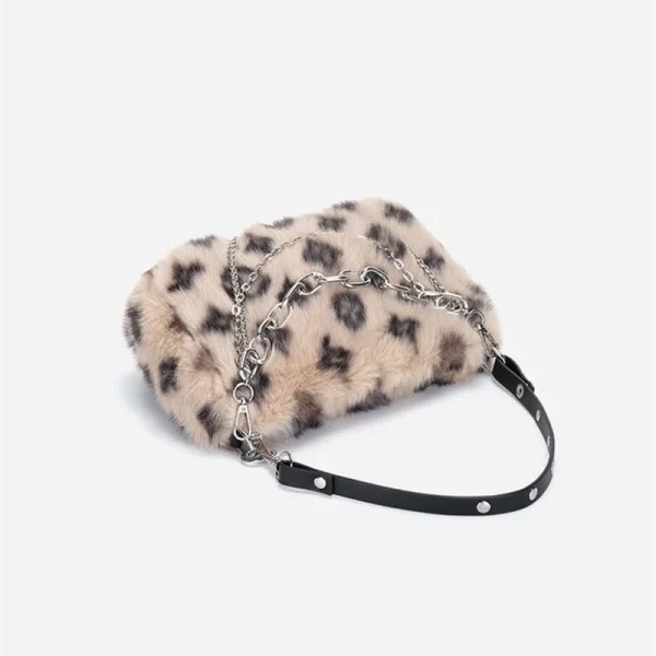 Luxury Design Faux Fur Leopard Print Fluffy Top Handle Chain Shoulder Clutch Bag - Image 6