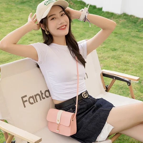 Luxury Designer Simple Pearl Pendant Contrast Messenger Small Square Crossbody Shoulder Bag