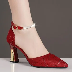 Luxury String Bead Buckle Strap Pointed Toe High Heels Pumps
