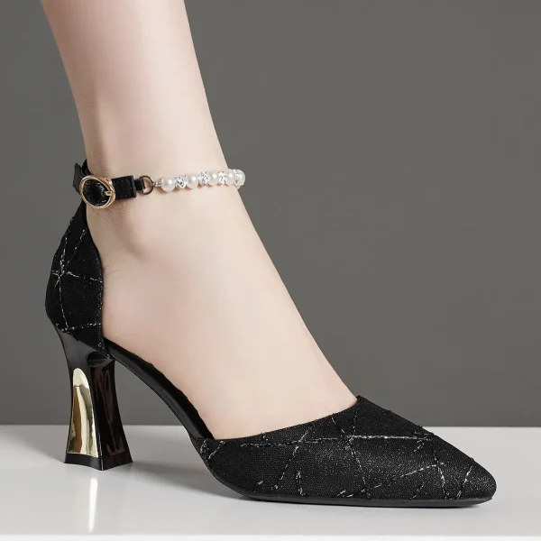 Luxury String Bead Buckle Strap Pointed Toe High Heels Pumps - Image 5