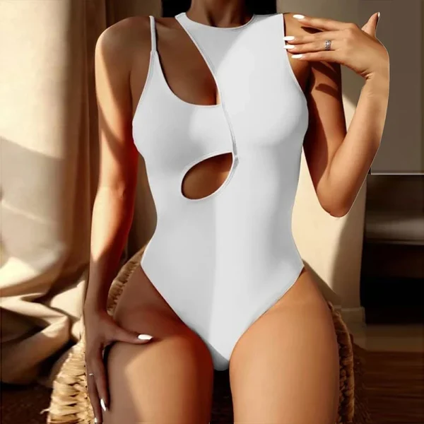 One Shoulder Push Up Hollow Out Swimsuits Solid Bathing Suits - Image 5