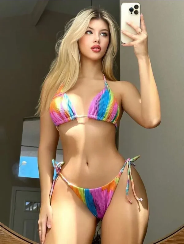 Rainbow Print Micro Tie Halter Thong Swimsuit Swimwear Bathing Suit