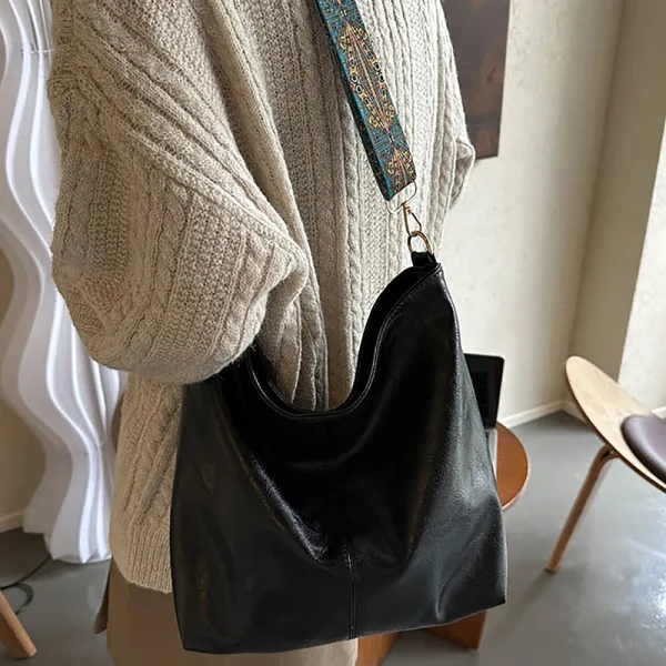 Retro Pu Leather Wide Geometric Strap Large Capacity Shopping Travel Crossbody Shoulder Bag - Image 16