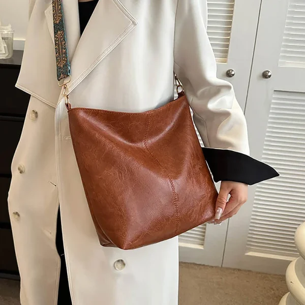 Retro Pu Leather Wide Geometric Strap Large Capacity Shopping Travel Crossbody Shoulder Bag - Image 14