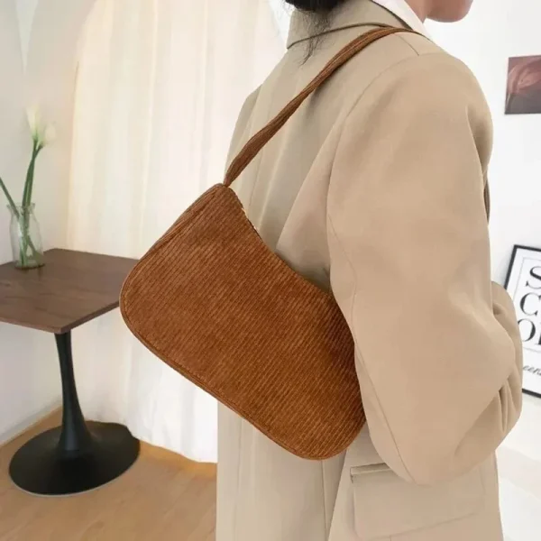 Retro Solid Color Underarm Half Moon Zipper Corduroy Clutch Small Shoulder Bag - Image 3