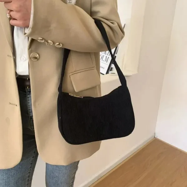 Retro Solid Color Underarm Half Moon Zipper Corduroy Clutch Small Shoulder Bag