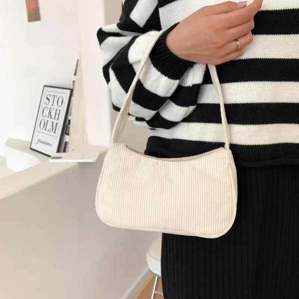 Retro Solid Color Underarm Half Moon Zipper Corduroy Clutch Small Shoulder Bag - Image 5