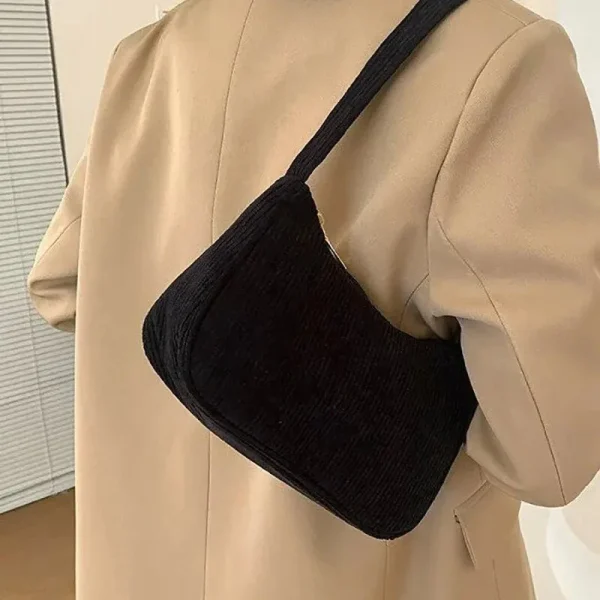 Retro Solid Color Underarm Half Moon Zipper Corduroy Clutch Small Shoulder Bag - Image 2