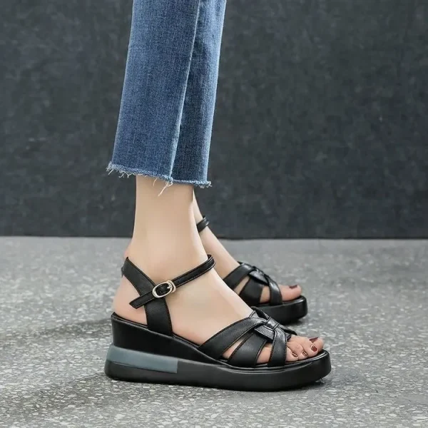 Retro Style Hollow Button Open-toe Comfortable Slope Heel Sandals - Image 3