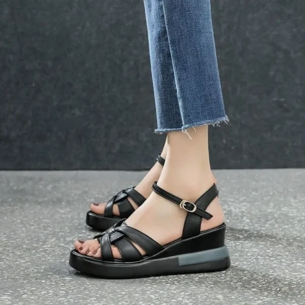 Retro Style Hollow Button Open-toe Comfortable Slope Heel Sandals - Image 4