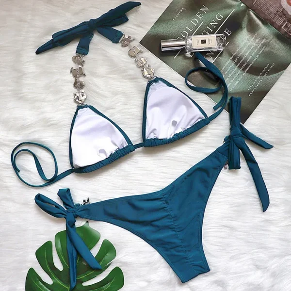 Rhinestone Diamond Halter Metal Chains Low Waist Bikini Set - Image 3