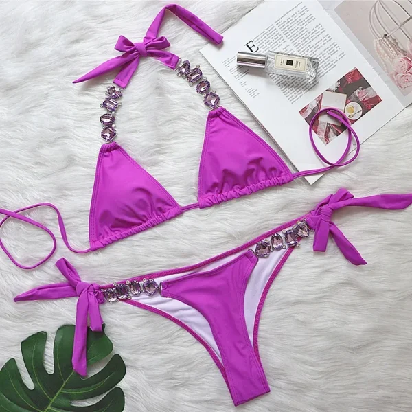 Rhinestone Diamond Halter Metal Chains Low Waist Bikini Set - Image 9