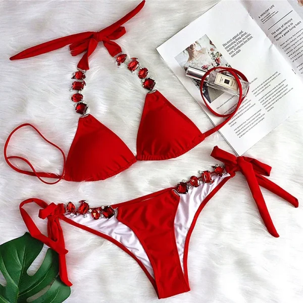 Rhinestone Diamond Halter Metal Chains Low Waist Bikini Set - Image 6