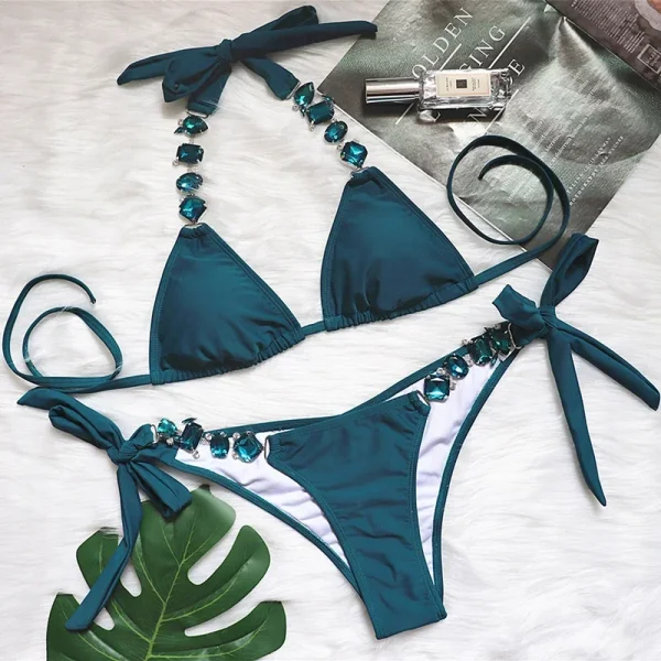 Rhinestone Diamond Halter Metal Chains Low Waist Bikini Set - Image 2