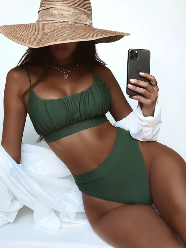 Ruched High Waist Two Pieces Bikini Set High Cut Bathing Suit Swim - Image 2