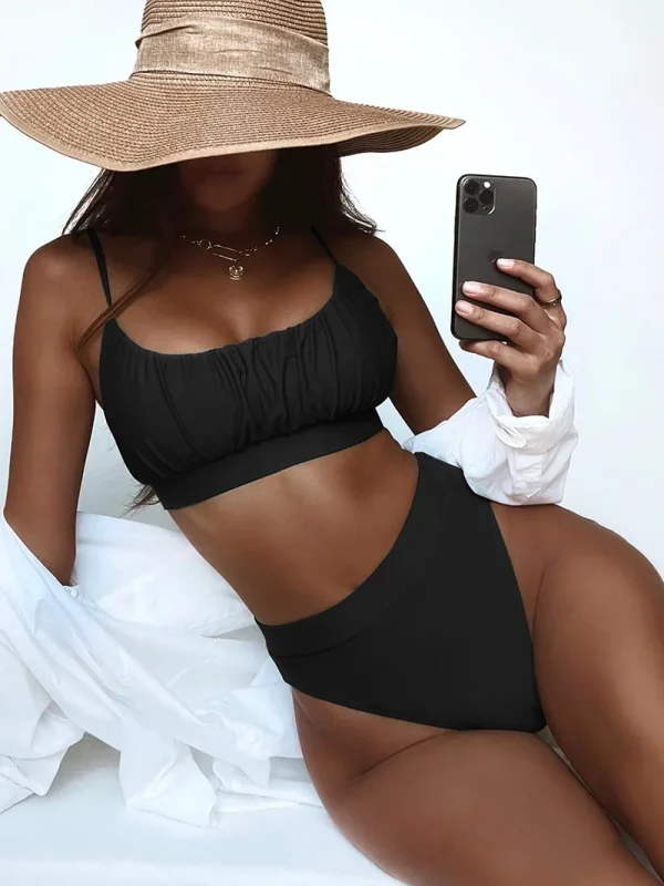 Ruched High Waist Two Pieces Bikini Set High Cut Bathing Suit Swim - Image 4