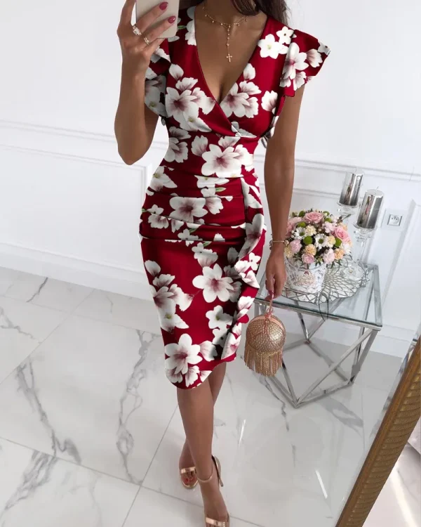 Ruffled Floral Print V-Neck Butterfly Sleeve Party Mid-Length Dress