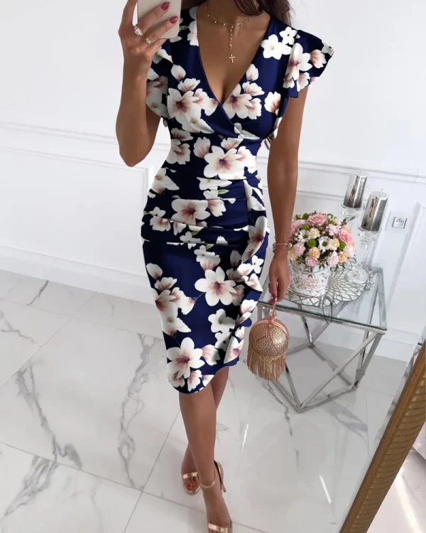 Ruffled Floral Print V-Neck Butterfly Sleeve Party Mid-Length Dress - Image 2