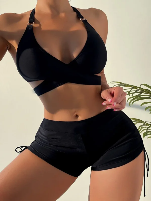 Solid Hollow Swimsuit Cross Gathered Drawstring Beach Bathing Suit - Image 3
